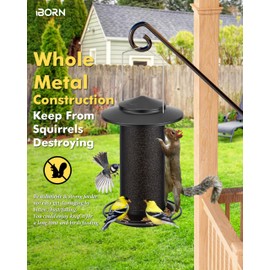 iBorn All Metal Bird Feeders for Outdoors Hanging, Mesh Tube Finch Bird Feeder for Thistle Seed, 18cm Large Roof &Tray, Black, 2.8lb(Seed is not Included)