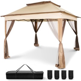 Happybuy Outdoor Canopy Gazebo Tent, Portable Canopy Shelter with 11'x11' Large Shade Space for Party, Backyard, Patio Lawn and Garden, 4 Sandbags, Carrying Bag and Netting Included, Brown