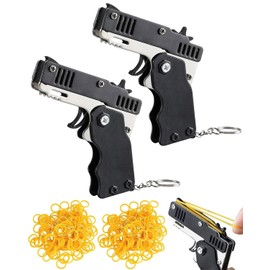 JUKOTA Rubber Gun, 2 Pieces Mini Rubber Band Gun Made of Metal, Foldable, with Key Ring and 120 Rubber Bands, Metal Folding Keychain for Outdoor Activities for Children