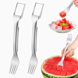 Watermelon Fork Slicer Cutter, 2-in-1 Stainless Steel Melon Cutter for Kitchen, BBQ, Camping, Easy Use Fruit Tool with Grip Handle (Silver 2PCS)