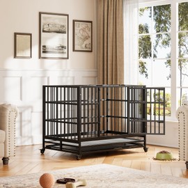 Heavy Duty Dog Crate, 42.5 Inch Indoor Dog Crate with Double Door, 360° Lockable Wheels and Removable Tray, Easy to Assembly，for Small Medium Large Dogs