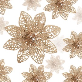 Boao 24 Piezas Flor de Pascua Navideña con Brillantina Adornos de Flores Artificiales para Árbol de Navidad con Pinzas para Decoración de Fiestas Varios Tamaños 3/4/6 Pulgadas(Champán)