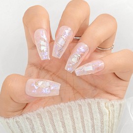 Sethexy Pink Long Ballerina Press On Nails Glitter Simple Glossy Fake Nails Sequins Acrylic False Nail Salon Quality for Women and Girls 20PCS (L)