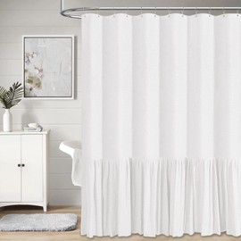 BTTN 78 Inch Long Shower Curtain - Farmhouse Thick Fabric Linen Shower Curtain Set with Plastic Hooks, Tall Rustic Country Cloth Shower Curtains for Bathroom with Ruffle Hem - White - 72x78