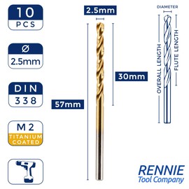 Box of 10 x 2.5mm HSS M2 Fully Ground Jobber Drill Bit Tin Titanium Nitride Coated DIN338 Standard (2.5mm x 57mm)