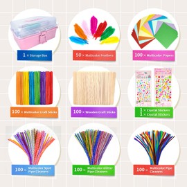 1405 Pcs Art and Craft Supplies for Boys and Girls, Toddler DIY Craft Art Supply Set Included Pipe Cleaners, Pom Poms, Feather, Folding Storage Box - All in One for Craft DIY Art Supplies (F0-Pink)