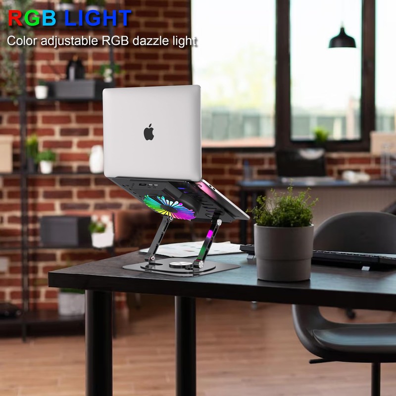 YTech Laptop Stand,with 360°Rotating Base,External Cooling Fan,Adjustable RGB Lighting,Ergonomic Foldable
