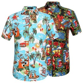 SSLR Christmas Shirts for Men, Santa Claus Party Ugly Funny Family Vacation Hawaiian Shirt (Medium, Bright Blue and Blue Green)