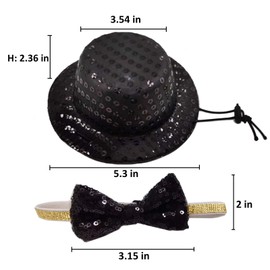 Christmas Pet Party Jazz Hat and Blingbling Bow Tie Breakaway Collar Set, Adjustable Headband for Kitten Puppy Small Dogs Cats (Black)