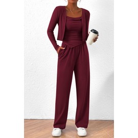 BTFBM Women's Fall Lounge Sets 3 Piece Outfit Tracksuits Casual Long Sleeve Tops High Waisted Sweatpants Set(Solid Wine Red,XX-Large)