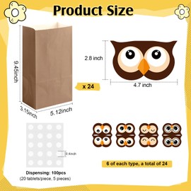 SilTriangle 24 Sets Owl Party Gift Bags Kraft Paper Treat Goodie Bags with Owl Toppers for DIY Themed Birthday Party Decoration Classroom Supplies(Brown)