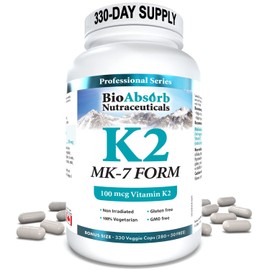 Vitamin K2 MK-7 Form Supplement. 100 mcg. 330 Veggie Capsules. 330-Day Supply