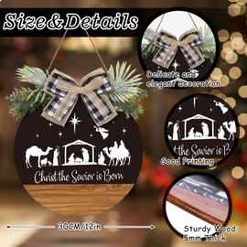 Whaline Christmas Wooden Hanging Sign Rustic Holy Night Front Door Sign Nativity Christ the Savior is Born Door Hanger with Bow for Home Indoor Outdoor Farmhouse Wall Window Decor