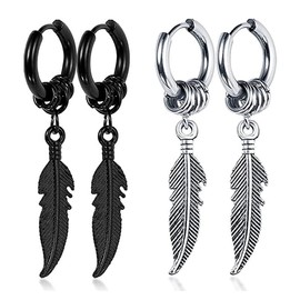 Ozmw 2 Pairs Black Men's Earrings Feather Earrings Hypoallergenic Punk Earrings Stainless Steel (1 Pair Black, 1 Pair Silver), Alloy Steel