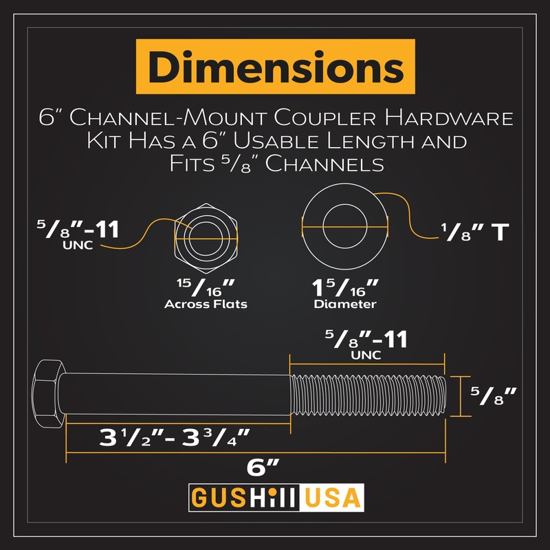 GusHillUSA GH25389-6 Channel-Mount Adjustable Trailer Coupler Hardware Kit, Yellow Zinc