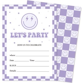 JarThenaAMCS 25 Set Smile Face Party Invitations with Envelopes Retro Light Purple Checkered Happy Face Paper Invites for Birthday Celebration Party Decor, 5 x 7 Inch