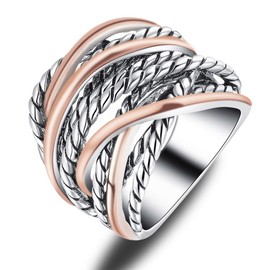 Mytys Silver 2 Tone Wide Statement Rings Vintage Cable Wire Crossover Chunky Band Rings for Women Men (rose gold, 7)