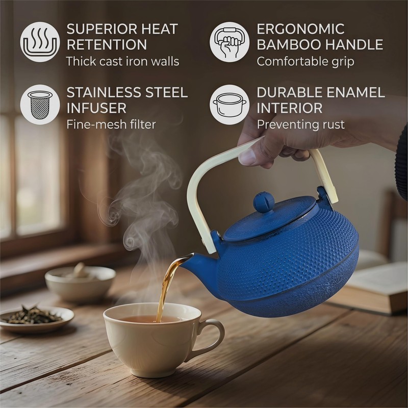 SECHUDO 30.4oz Small Tea Kettle, Blue Cast Iron Teapot with