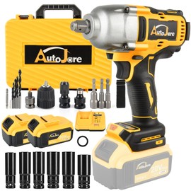 AUTOJARE 1/2" Cordless Impact Wrench 650 N.m (479 Ft-Lbs) Brushless Electric Impact Wrench 3 In 1 Power Impact Wrenches with 2 x 4.0Ah Battery, 6 Sockets, 5 Drill, 3 Screw, Fast Charger