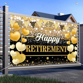 FHGG Happy Retirement Party Backdrop Banner Decorations Black Gold Large Background for Men Women Retirement Party Yard Supplies Sign 70.8 x 43.3 Inch