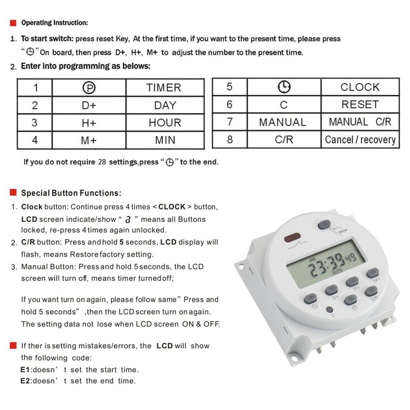 Baomain Time Switch Relay,Digital LCD Programmable Timer,110V AC Input,200-250V 16A