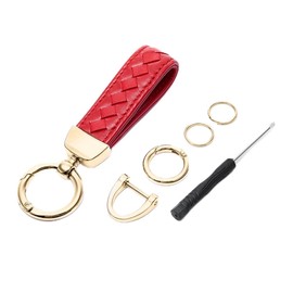 FDEETY Genuine Leather Car Keyring Sheepskin Hand Braided Car Keychain With Detachable Keyring Universal Woven Rope Metal Key Chain Accessories with Anti-lost D-Ring(Red)