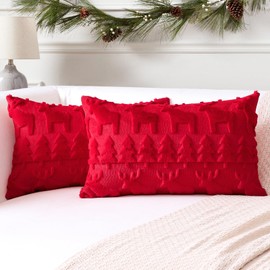 Artscope Set of 2 Xmas Soft Plush Short Wool Velvet Decorative Cushion Covers Square Luxury Style Throw Pillow Covers Pillow Shell for Sofa Bedroom Christmas Tree and Elk Red, 40x60cm