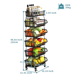 KOLENSA Metal Wire Baskets with Wheels, Stackable Storage Bins Kitchen Organizer Shelf 3-4-5-6 Tier Fruit Vegetable Cart Dishes Seasonal Rack Shelves for Garage, Pantry, Bathroom