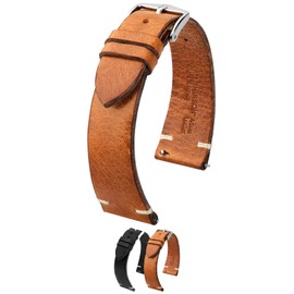Hirsch Bagnore Retro-Style Leather Watch Strap - Golden Brown - L - 22mm - Shiny Silver Buckle - Retro-Styled Calf Leather Band