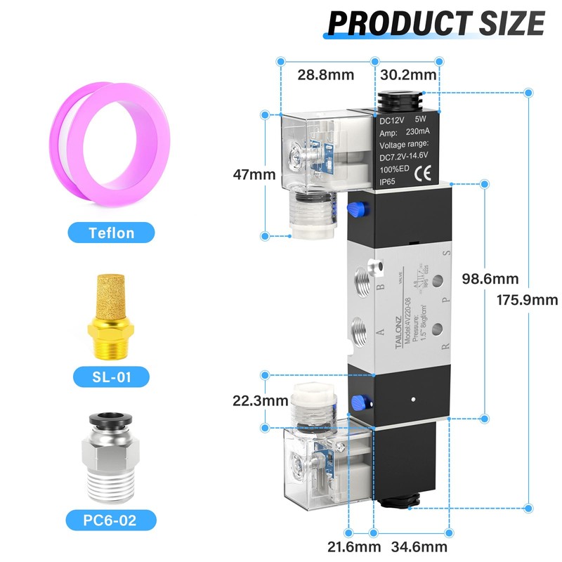 TAILONZ PNEUMATIC Solenoid Valve 4V220-08 DC12V 1/4 Inch BSP Double