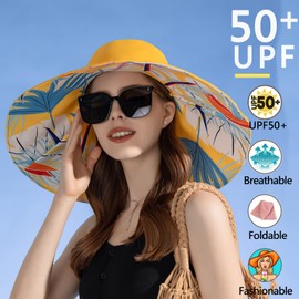KEYDUACU 7" Women's Wide Brim Sun Hat, Large Foldable UV Protective Sun Hat, can be Worn on Both Sides, Suitable for Beach, Gardening, Travelling, Hiking（Flower/Yellow）
