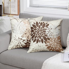 Dremisland Decorative Pillow Covers 18X18 Inch Summer Geometric Dahlia Floral Elegant Line Modern Flower Pillow Case Farmhouse Outdoor Decor for Home Bedroom Living Room Linen Square Cushion Cover, Set of 2 (Brown)