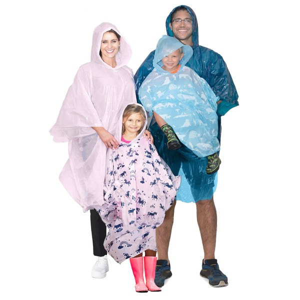 Disposable Rain Poncho Family Pack of 8 for Adults and Kids, Emergency Rain Ponchos for Hiking, Travel, Parks - Rain Capes Ponchos with 4 Hooded Ponchos for Adult, 4 Kids Ponchos with Fun Designs