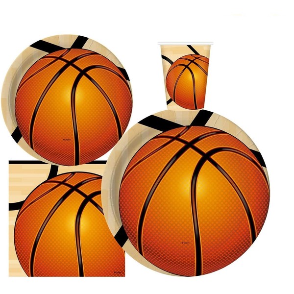 Serves 30 Complete Party Pack Basketball 9" Dinner Paper Plates 7" Dessert Paper Plates 9 oz Cups 3 Ply Napkins Basketball Party Theme