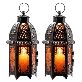 NEEDOMO Set of 2 Moroccan Lanterns Decorative Indoor & Outdoor, Hanging Candle Lantern, 11'' Vintage Candle Holder, Metal Lanterns Decorative, Table, Patio, Porch, Shelf, Gothic Home Decor (Amber)
