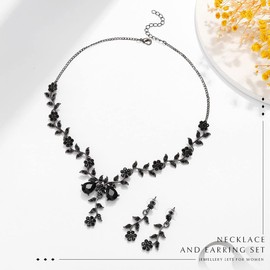 Unicra Silver Bride Wedding Jewelry Sets Flower Crystal Bridal Necklace Earrings Set Leaf Prom Costume Jewelry Set Rhinestone Choker Necklace for Women and Brides (G-Black Plated - Black)