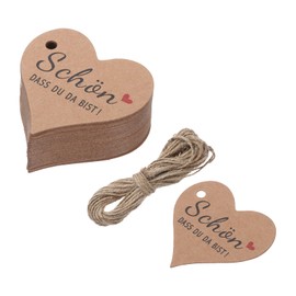 QUARKZMAN Pack of 50 Gift Tags Kraft Paper Labels Gift Tags Heart "Schön dass du da Bist" Cards with 20 Metres Jute String for Gift Wrapping Christmas, Black