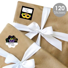 Big Dot of Happiness Colorful Mardi Gras Mask - Assorted Masquerade Party Gift Tag Labels - to and from Stickers - 12 Sheets - 120 Stickers