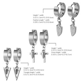 Aroncent 3 Pairs of Hoop Earrings Stainless Steel with Feather Cross Triangle Earrings Huggie Ear Piercing Earring Set Gold Black Ailber, Stainless Steel, No Gemstone