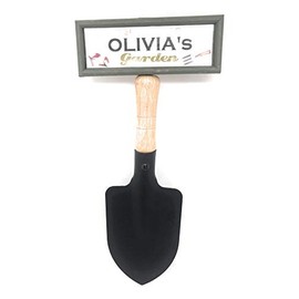 "Welcome to Olivia's garden" hanging shovel sign