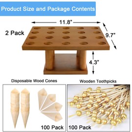 KQSNBG 2 Pack Cone Holder Stand with 40 Holes Capacity Charcuterie Cone Holder, Ice Cream Cone Holder for Birthday Party Restaurant - with Gift 200 Pack Wood Cones Pearl Skewers