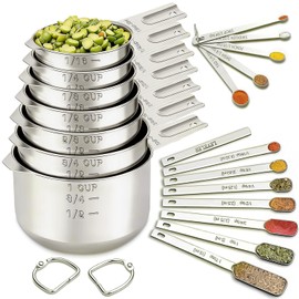 Juego de 20 tazas medidoras y cucharas medidoras de acero inoxidable y 7 cucharas, 1 nivelador y 5 mini cucharas medidoras para cocinar y hornear