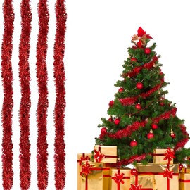 Bukezudang Shiny Tinsel Garland, Christmas Tinsel Garland, Metallic Shiny Christmas Tree Garland, for Christmas Tree Decoration, Christmas Party, Red