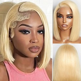 Blonde Bob Wig Human Hair,Pre Plucked 13x4 Blonde HD Lace Frotal Wig #613 Pre Bleached Wear and Go Wig Lace Short Bob Blunt Cut Wig Human Hair 180% Density for Women