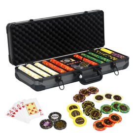 Nmroim 13.5 Gram Clay Poker Chip Set Texas Hold'em Casino Chips 2 Decks of Cards, Aluminum Case Dealer Buttons, for Blackjack Poker Games (500 PCE)