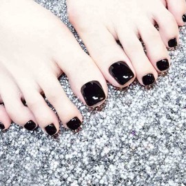 Florry Solid Color Toe Nails Short Square Fake Toenails Glossy Full Cover False Toe Nails for Women and Girls 24PCS (Black)