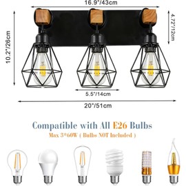 COTULIN Farmhouse Vanity Light for Bathroom,3-Light Industrial Black Light Fixtures Over Mirror,Rustic Wood Wall Sconces Lighting with Cage Metal Lampshade for Living Room Bedroom Hallway Restroom