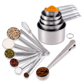14 Piece Measuring Cups and Spoons set - Stainless Steel Measuring Cups - 5 Stainless Steel Nesting Measuring Cups & 6 Measuring Spoons, 1 Coffee Scoop & 1 Leveler & 1 Mini Blender for Cooking,Baking
