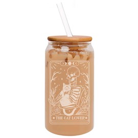 MIP 16oz Can Shaped Glass Iced Coffee Cup with Bamboo Lid and Straw Gift Tarot The Cat Lover Skull Funny