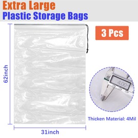 32x42 Inch Extra Large Clear Drawstring Plastic Bags 3 Pack(4 Mils), Dustproof Moistureproof Reusable Big Giant Luggage Storage Bag for Suitcase Garage Organizer, Blanket, Plush Toys